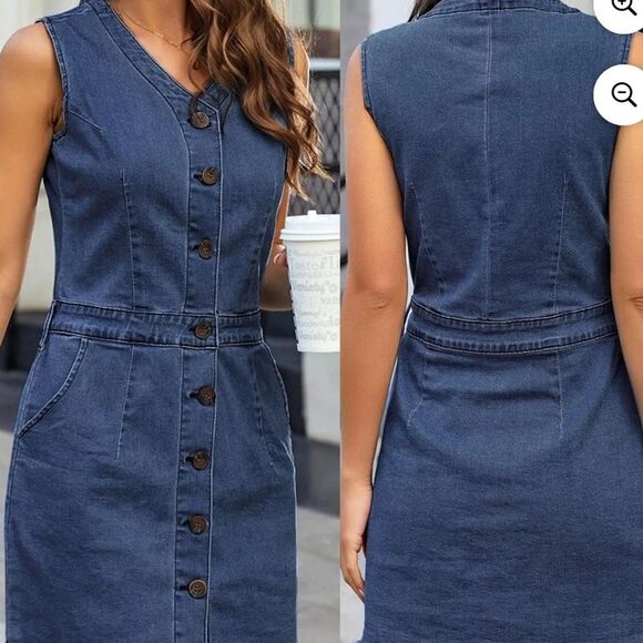 Dresses & Skirts - Women's Summer Sleeveless V-Neck Knee-High Solid Color Denim Buttons Dress